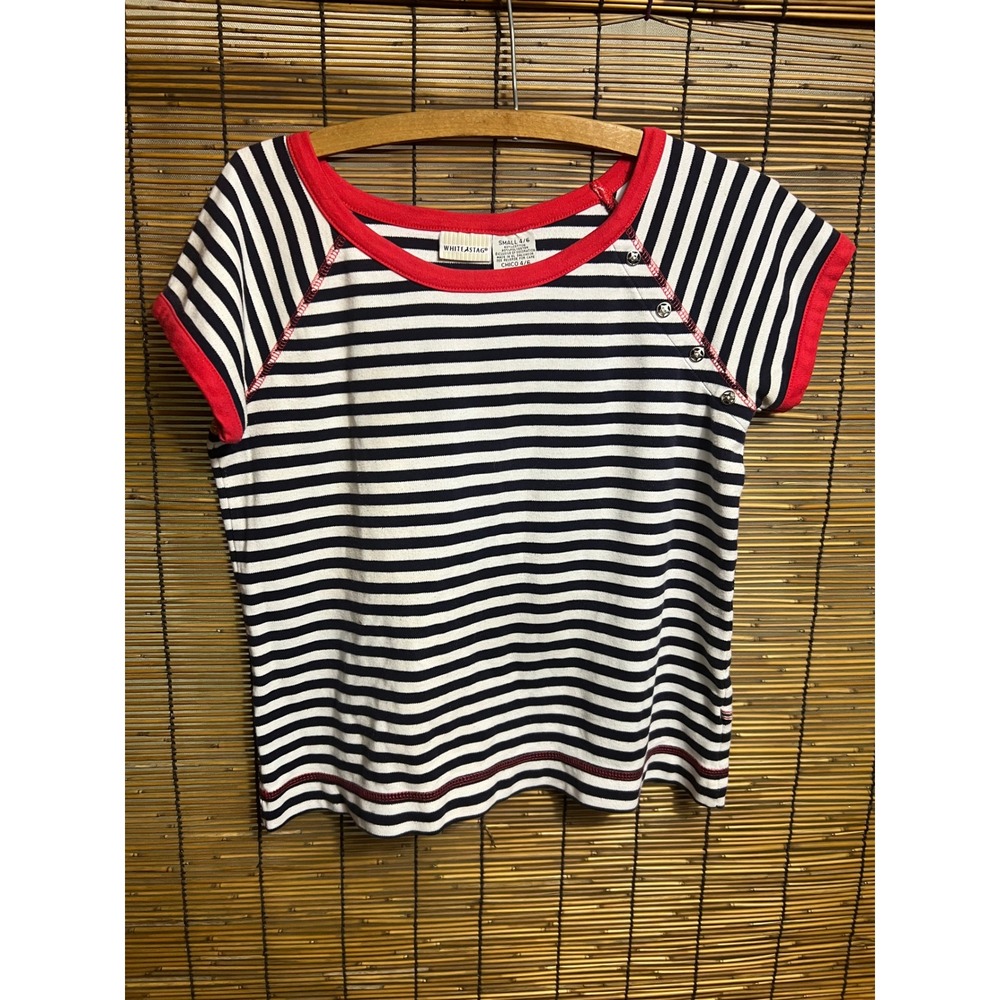 White Stag Vintage Nautical Striped Short Sleeve Top Navy Red Star Buttons S 4/6